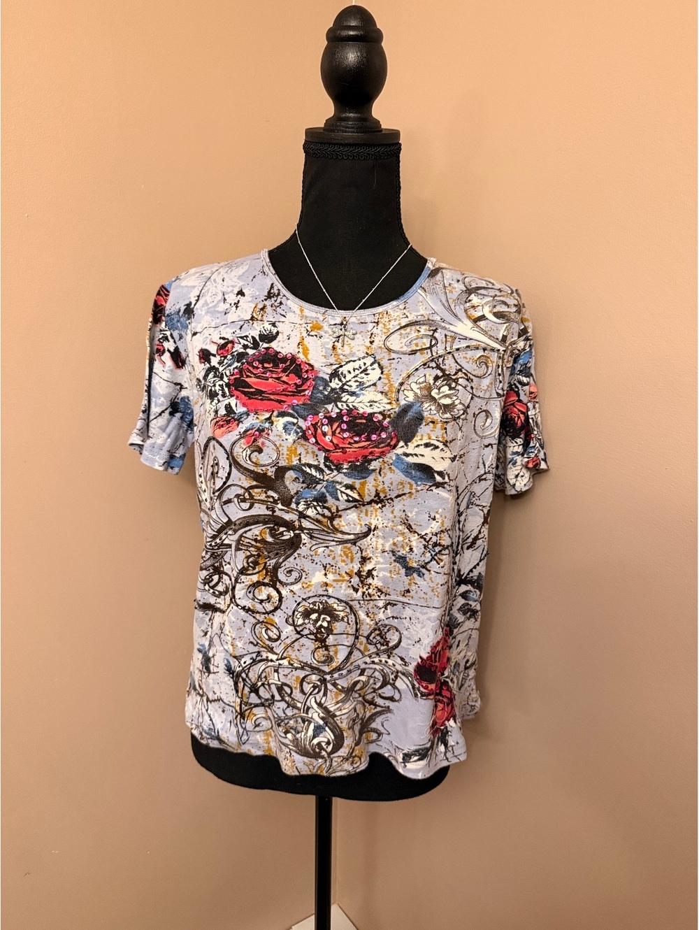 Jane Ashley Casual Lifestyle Floral Print Cotton T-Shirt Medium